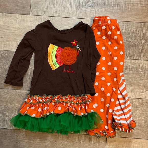 5 Pieces girls thanksgiving turkey outfit and boho print outfit with scarf - Picture 1 of 16